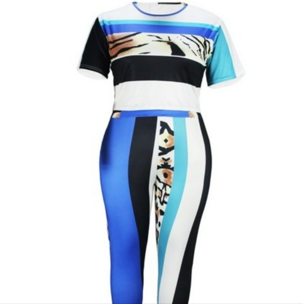 Colorblock and animal print blue, black, & white 2pc Pant Set Women's sz 3X NWOT - Picture 2 of 4
